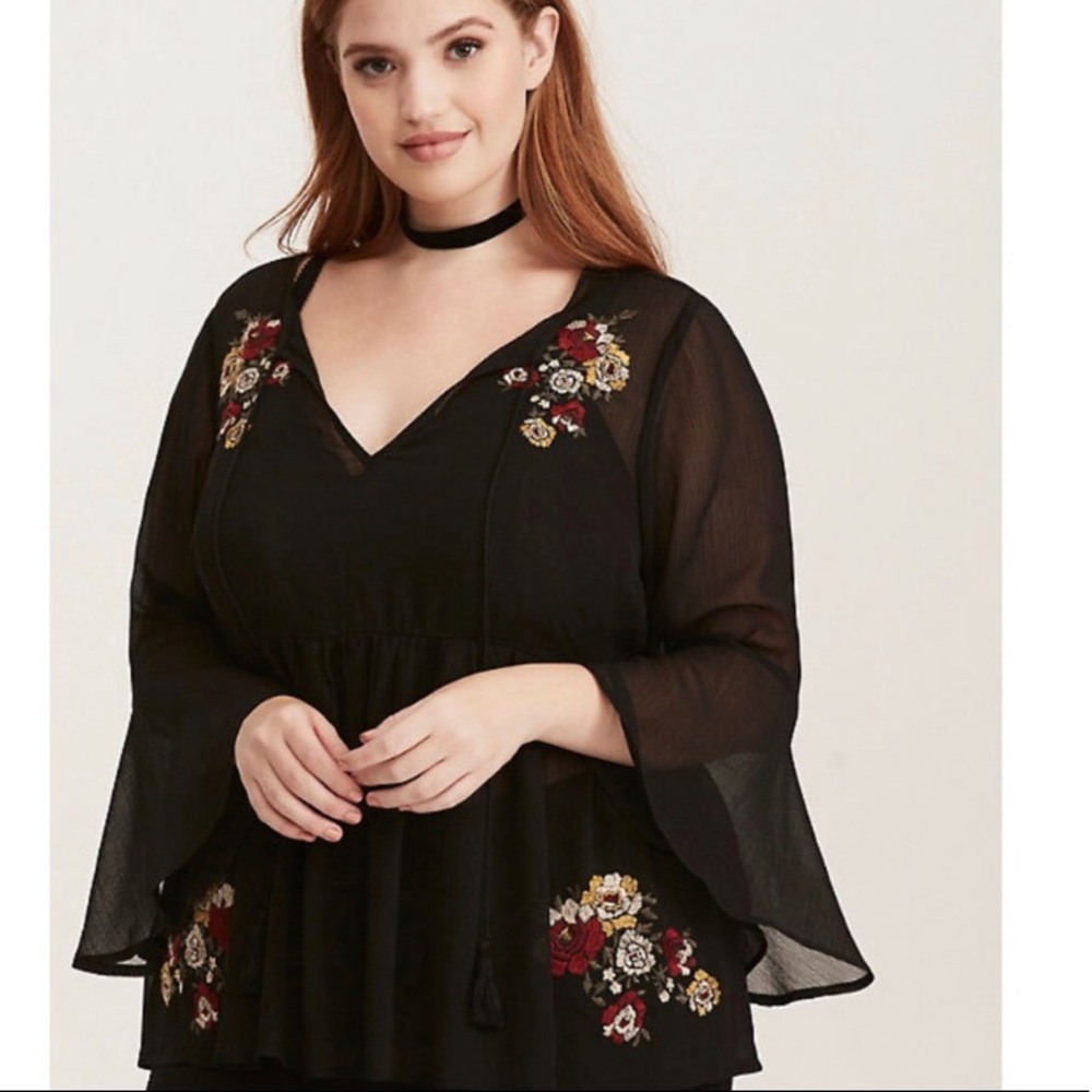 SOLD TORRID Sheer Embroidered Black Top Bell Sleeves